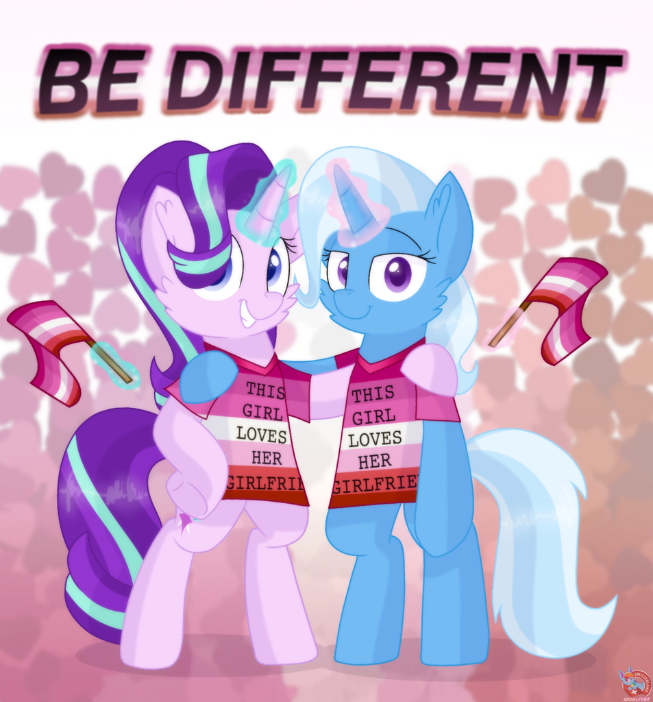Starlight and Trixie with lesbian flags and the text 'Be Different'